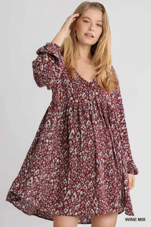 Long Sleeve Animal Print Babydoll Dress by Umgee Clothing