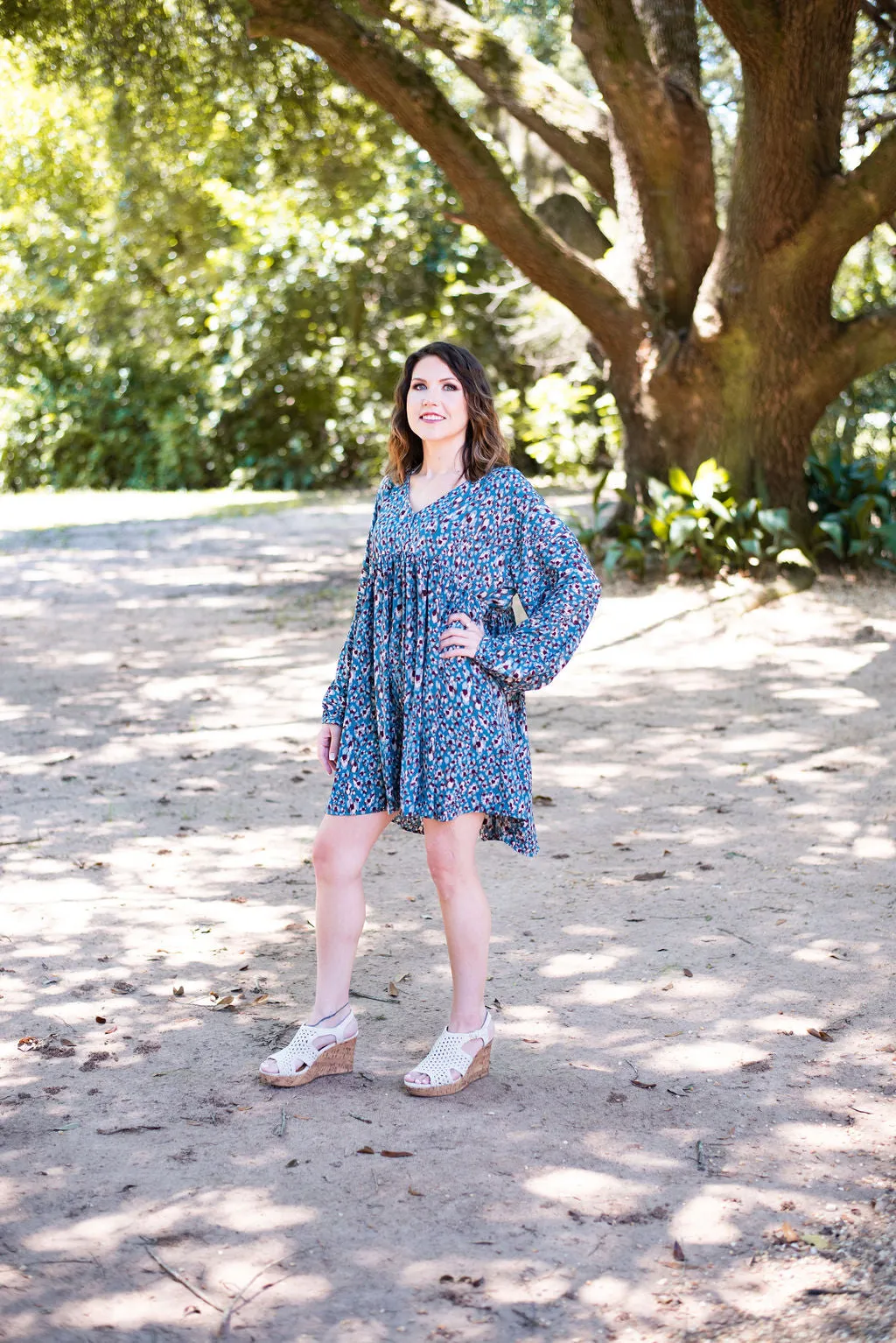 Long Sleeve Animal Print Babydoll Dress by Umgee Clothing