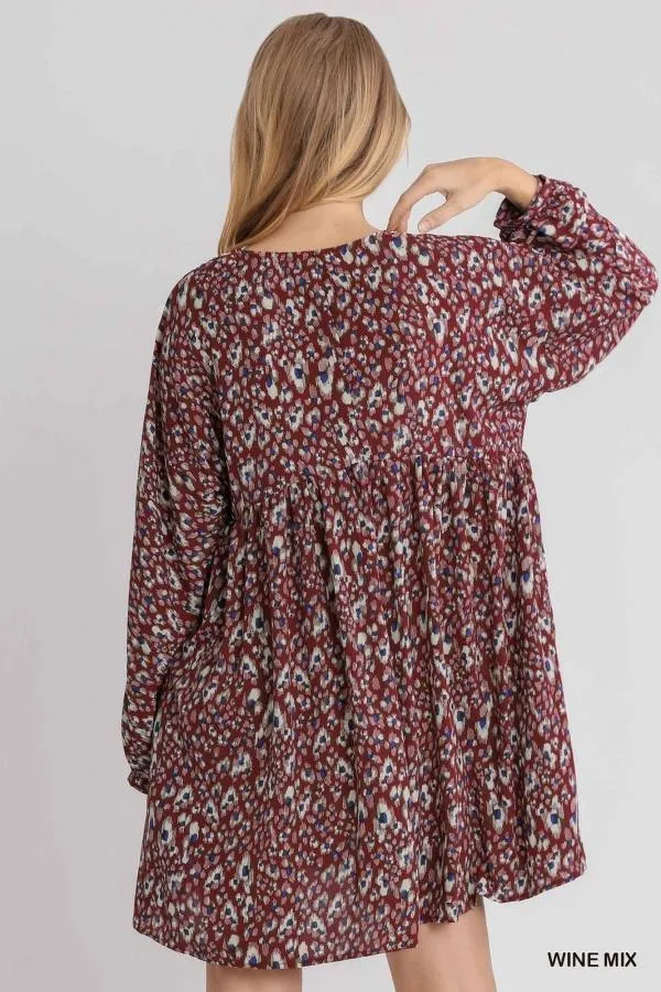 Long Sleeve Animal Print Babydoll Dress by Umgee Clothing