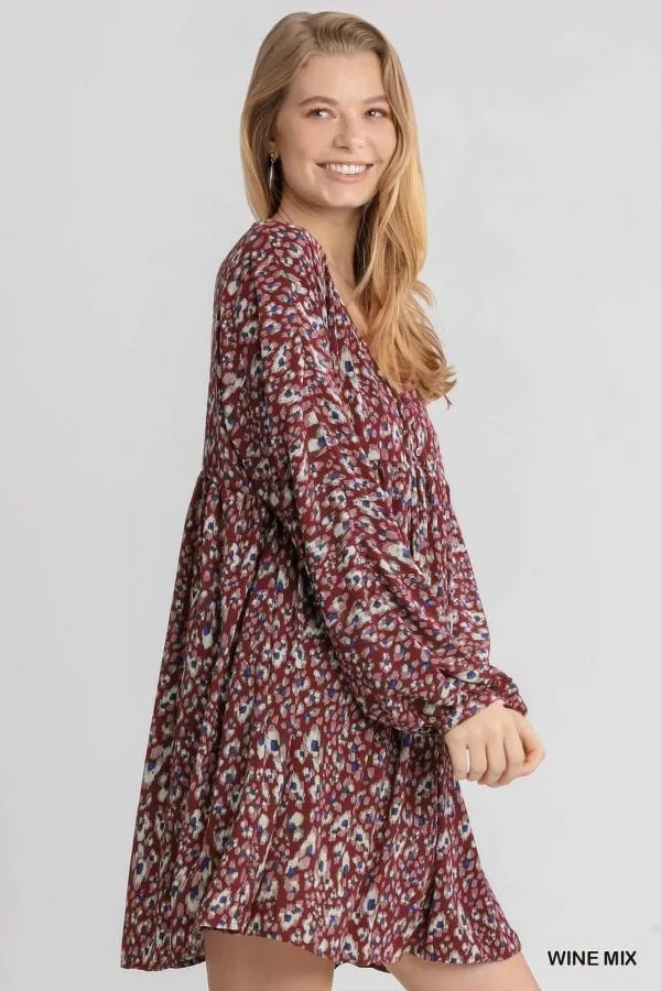 Long Sleeve Animal Print Babydoll Dress by Umgee Clothing