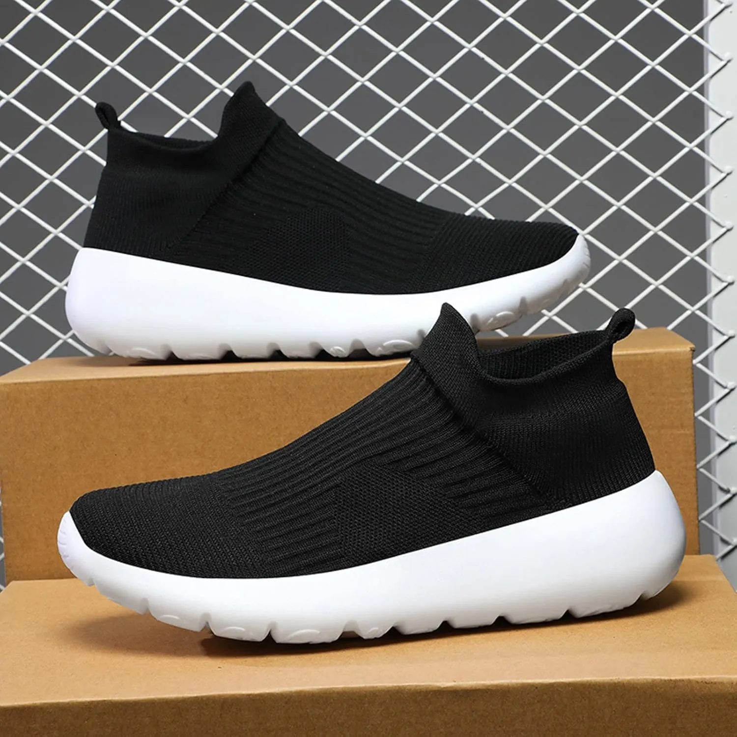 Men's High Top Sock Shoes Summer Mesh Breathable Sneakers Comfortable Solid Slip On Sneakers Labor Work Shoes