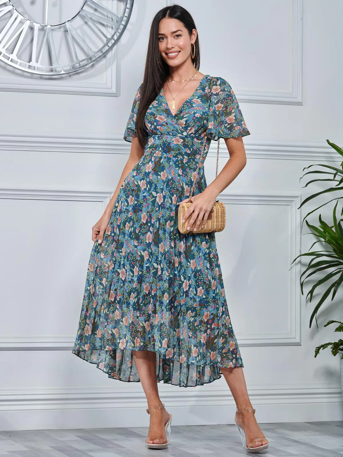 Pleated Chiffon High Low Maxi Dress, Teal Floral