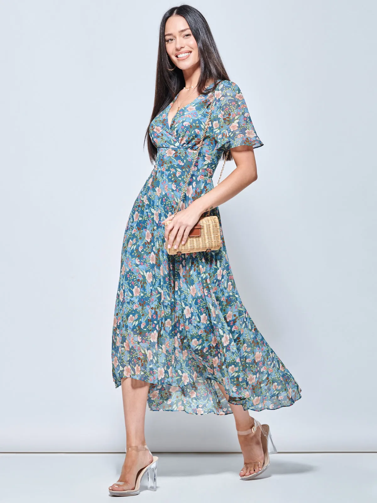 Pleated Chiffon High Low Maxi Dress, Teal Floral