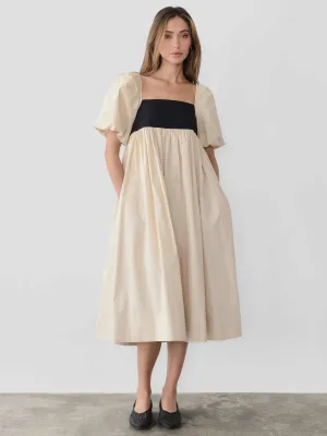 Two-Tone Puff Sleeve Neutral Midi Dress