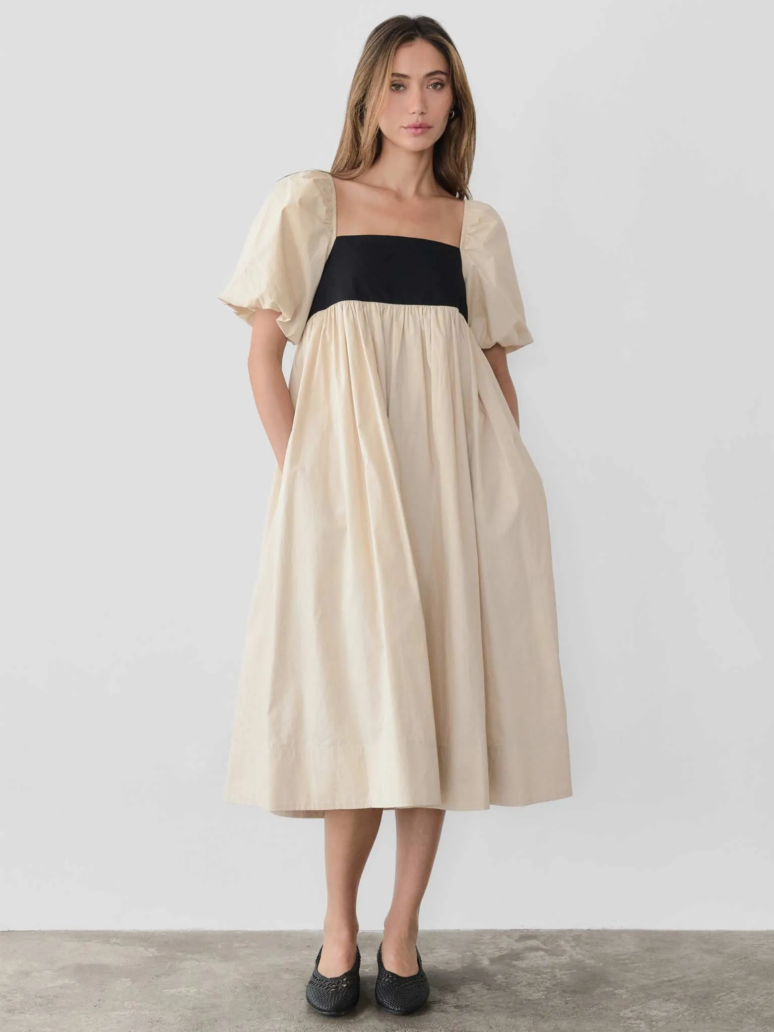 Two-Tone Puff Sleeve Neutral Midi Dress