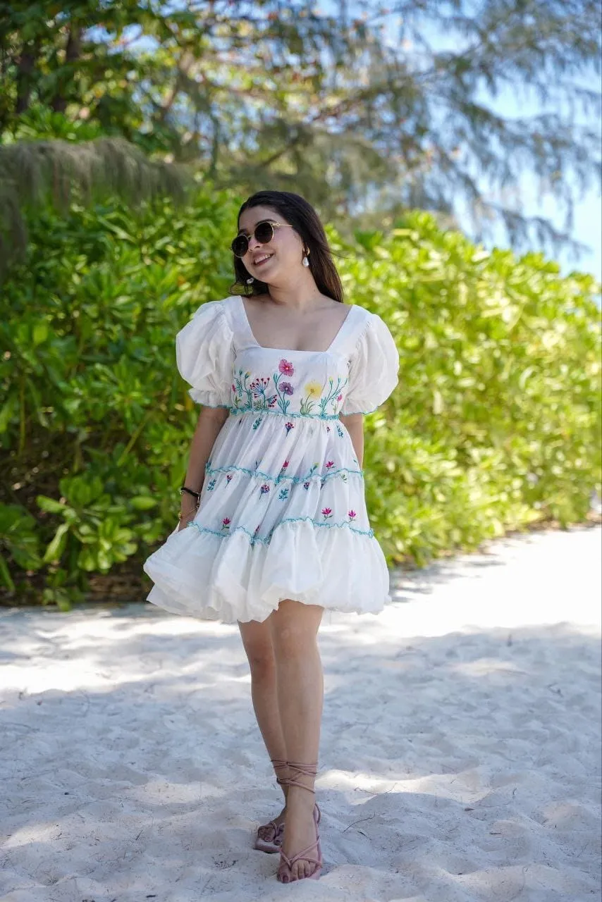 White Embroidered Puff Sleeve Dress