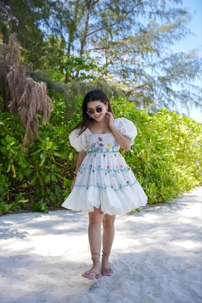 White Embroidered Puff Sleeve Dress