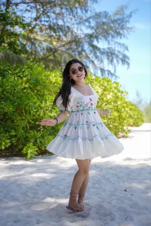 White Embroidered Puff Sleeve Dress