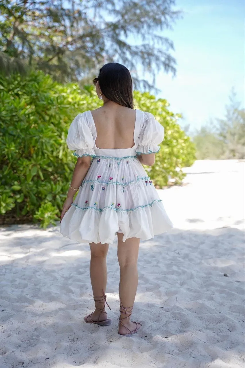 White Embroidered Puff Sleeve Dress