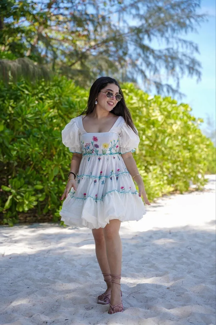 White Embroidered Puff Sleeve Dress