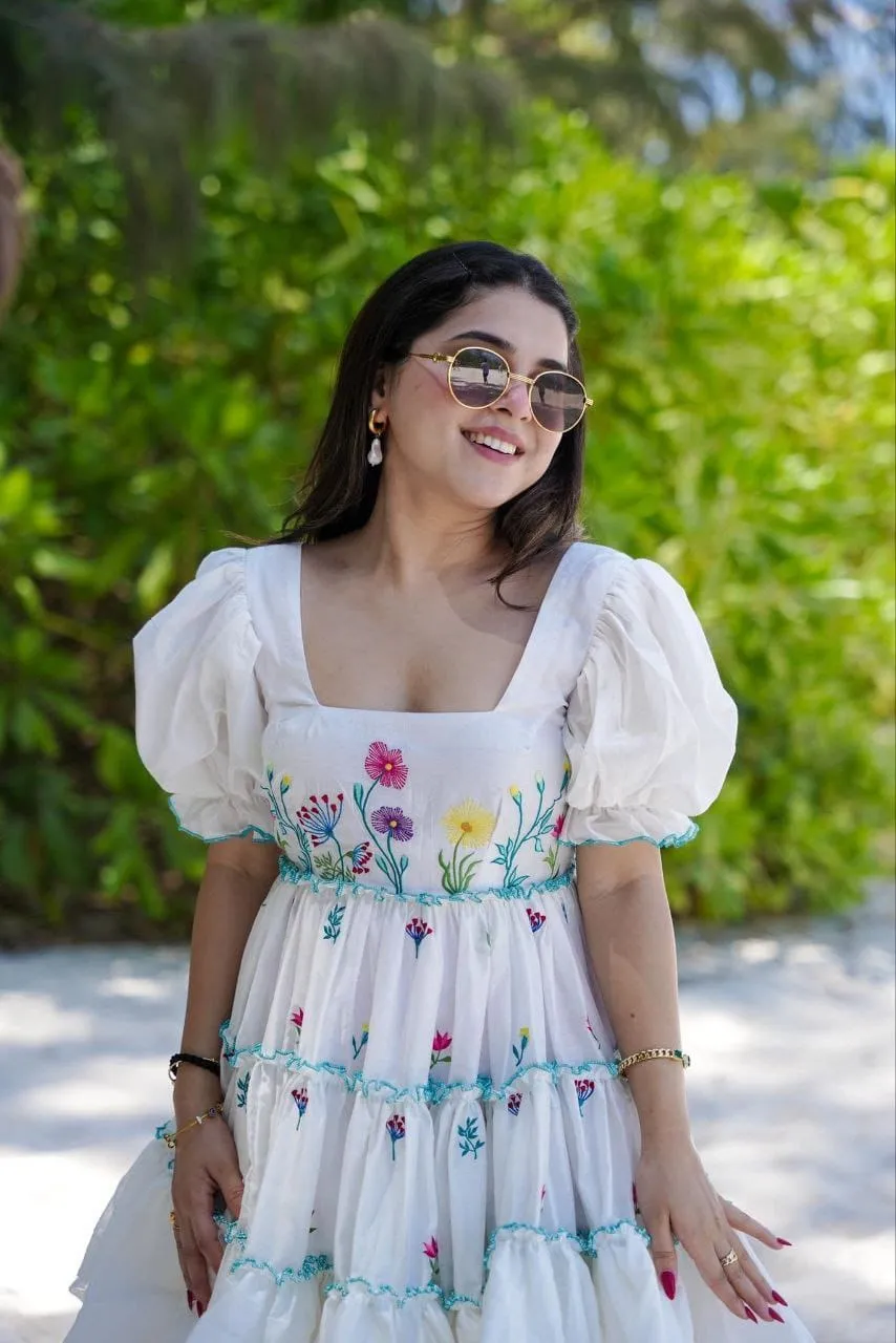 White Embroidered Puff Sleeve Dress